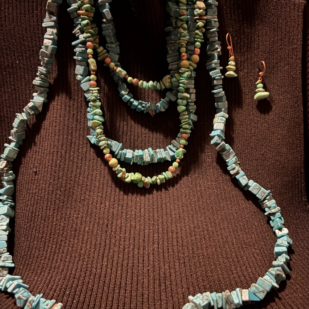 Turquoise Chip Multi-Strand Necklace and Earrings Set - Women Jewelry
